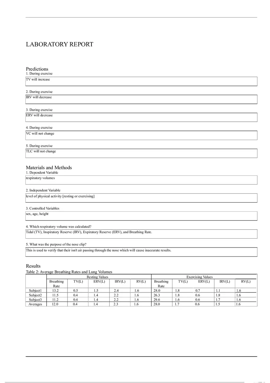 Respiratory Volumes Lab Report - Page 1