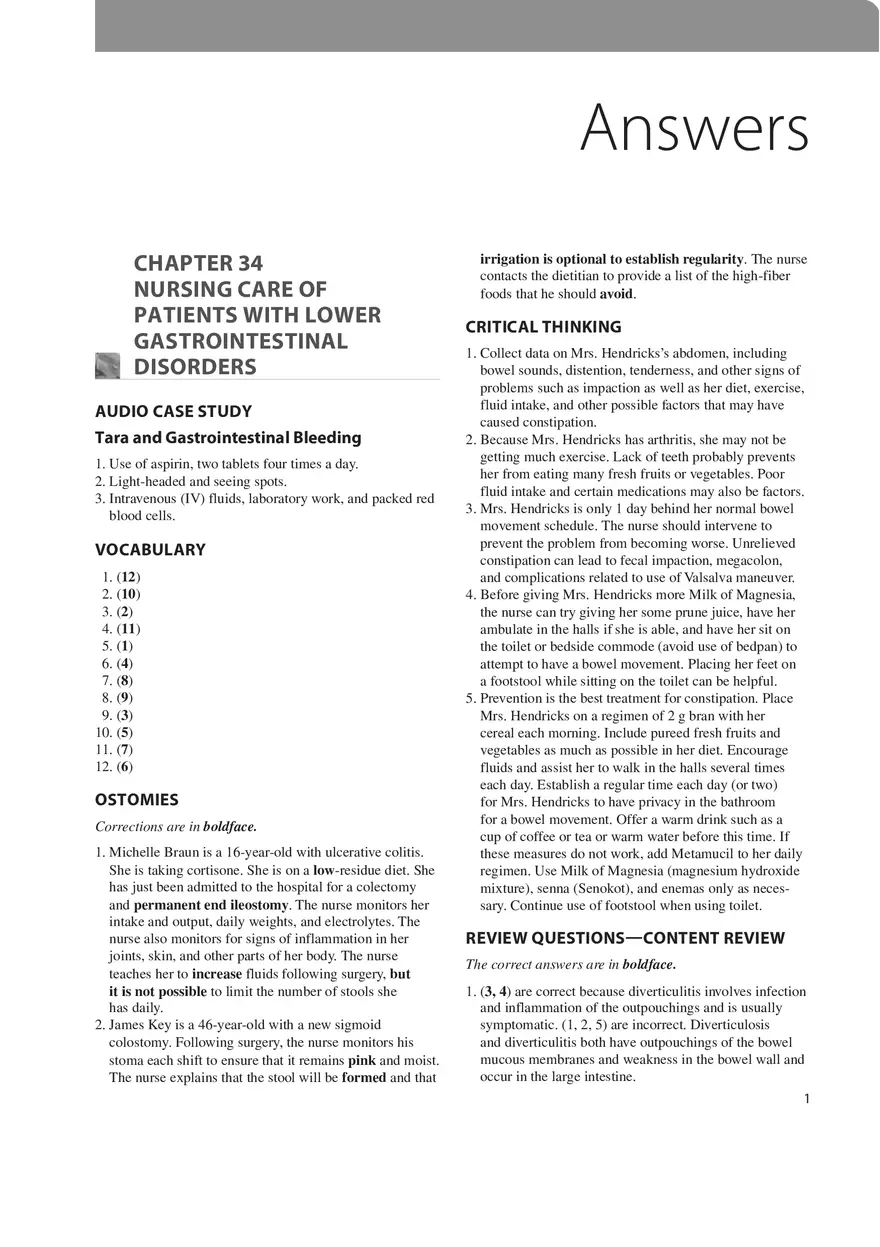 Chapter 34 Nursing Care of Patients with Lower Gastrointestinal Disorders - Page 1