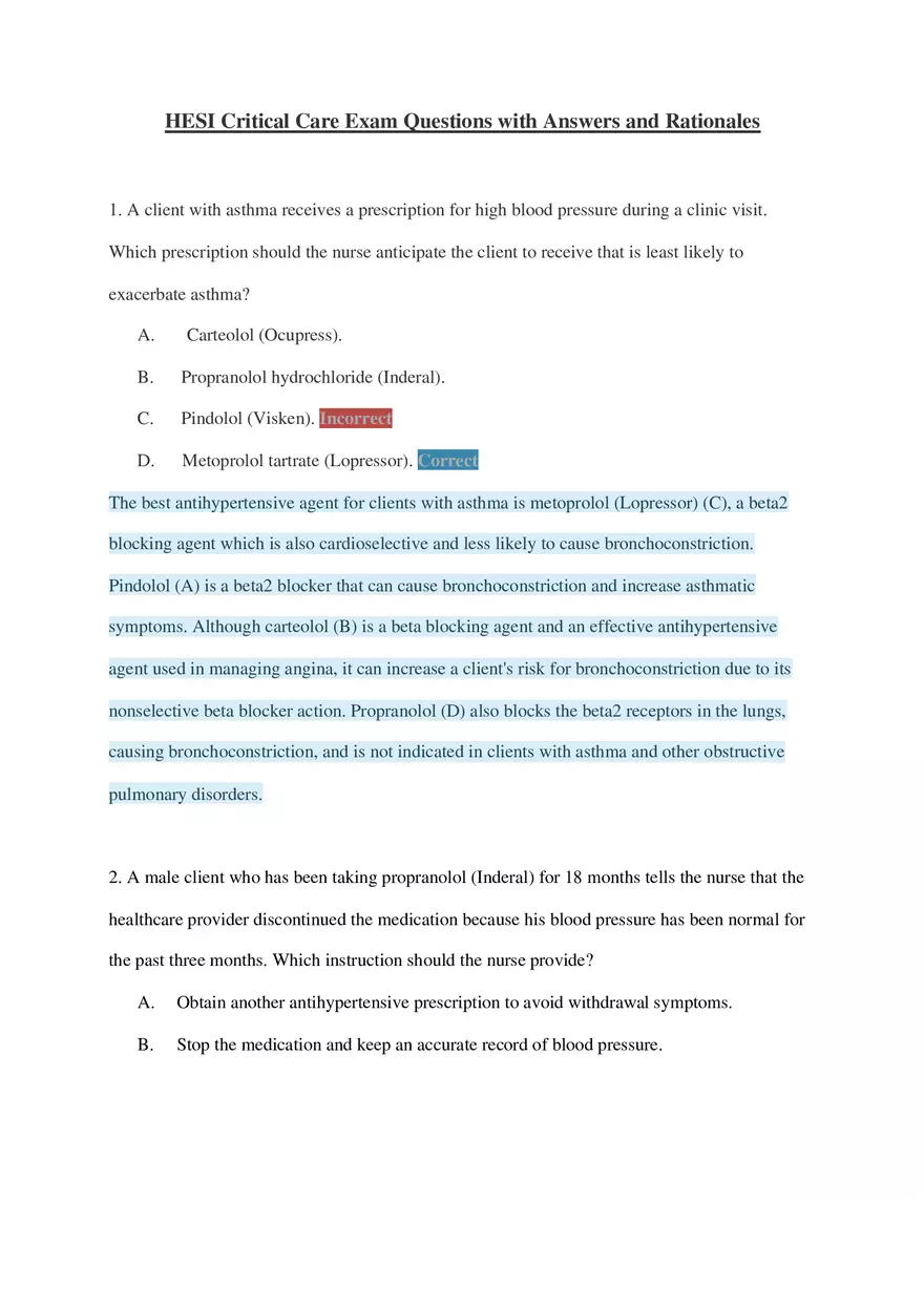 HESI Critical Care Exam Questions Part 1 - Page 1