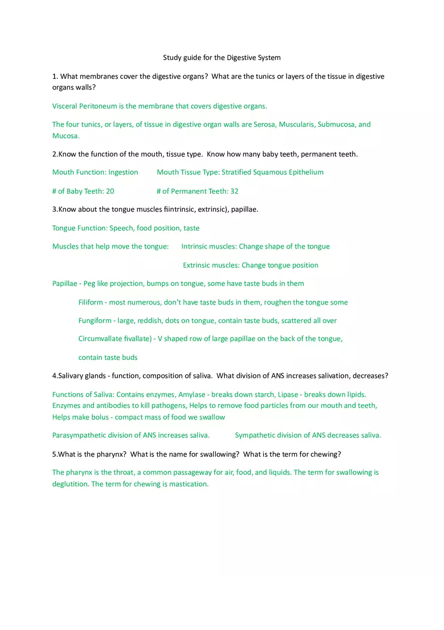 Digestive System Study Guide (Answers) - Page 1