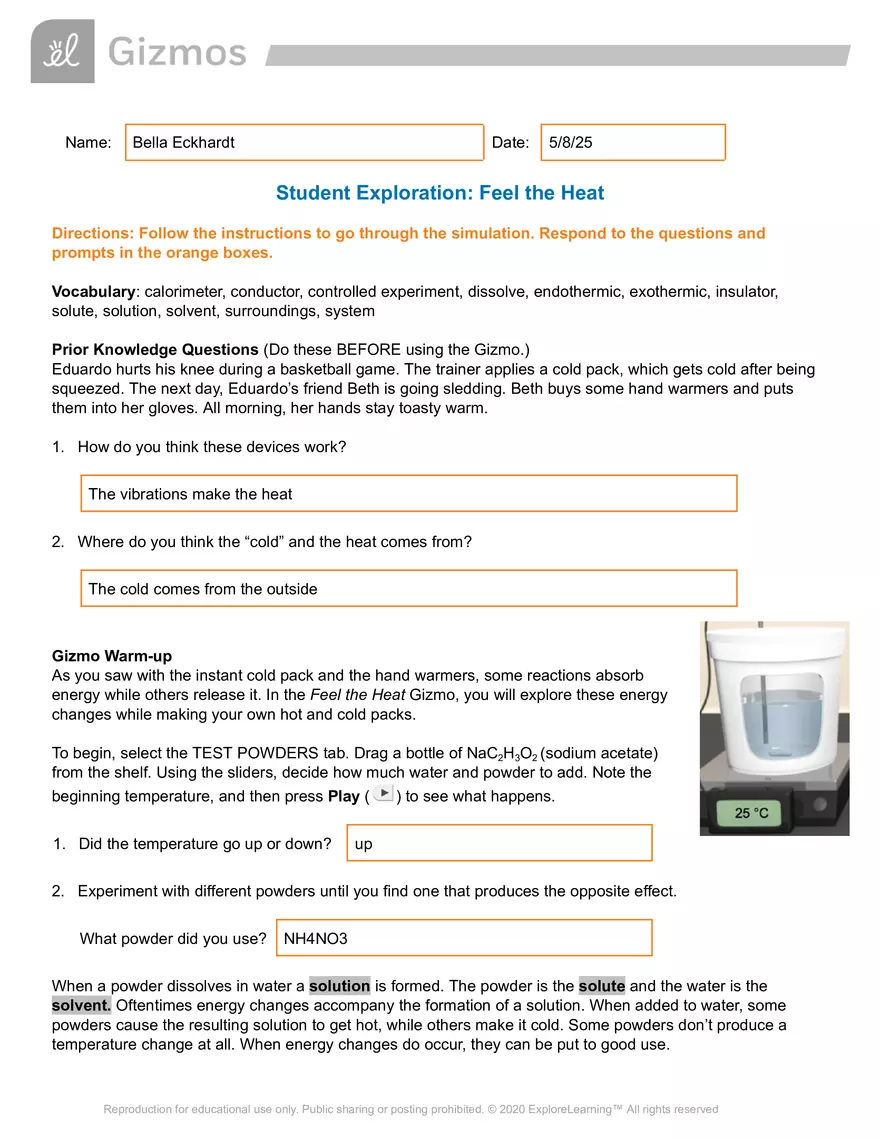 Feel the Heat - Student Exploration Gizmo - Page 1