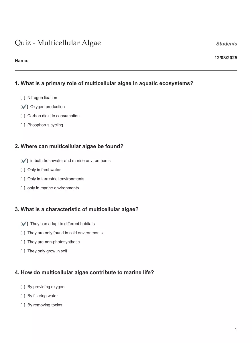 Quiz  - Multicellular Algae - Page 1