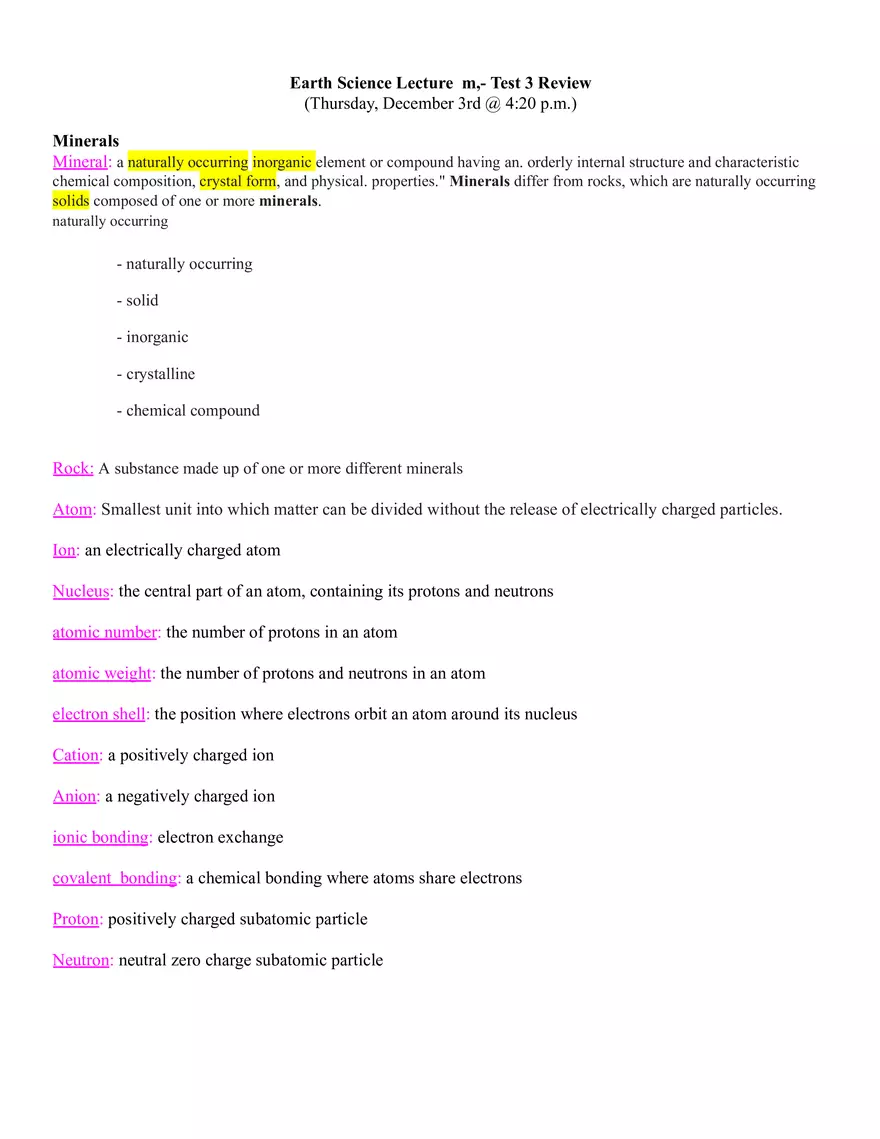 Earth Science Lecture - Test 3 Review - Page 1