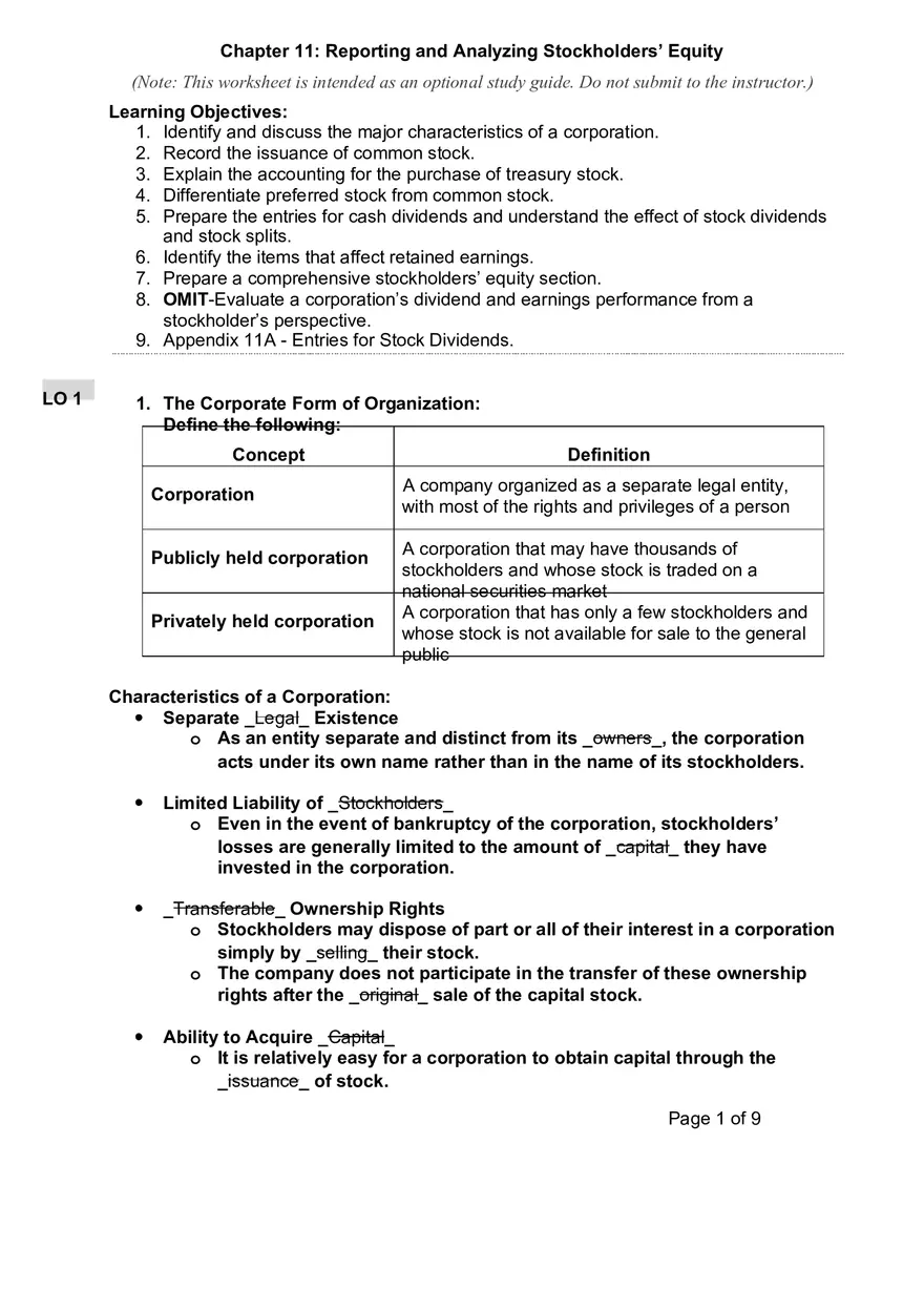 Chapter 11 Reporting and Analyzing Stockholders’ Equity - Page 1