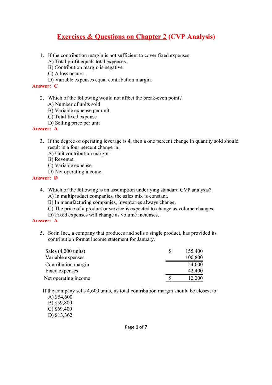 Exercises & Questions on Chapter 2 (CVP Analysis) - Page 1