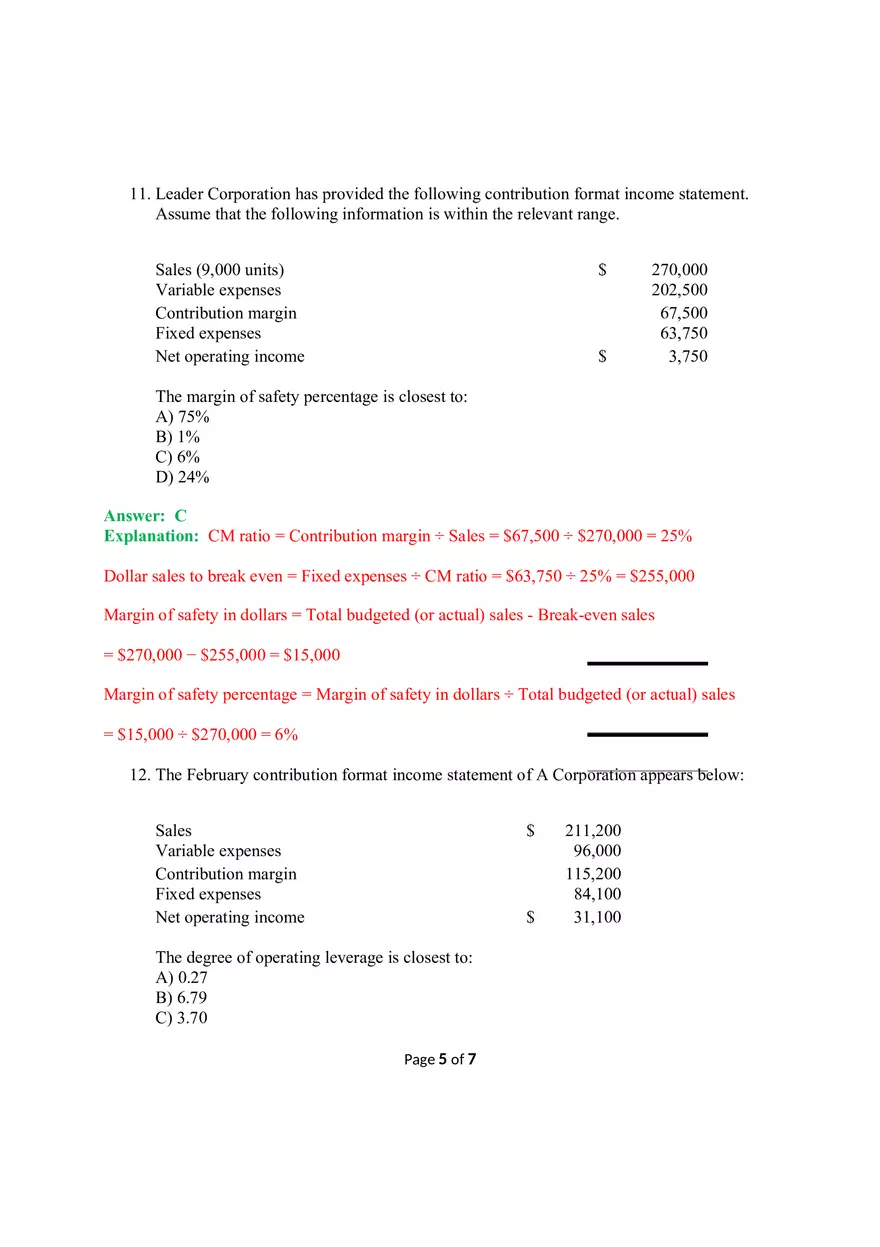 Exercises & Questions on Chapter 2 (CVP Analysis) - Page 5