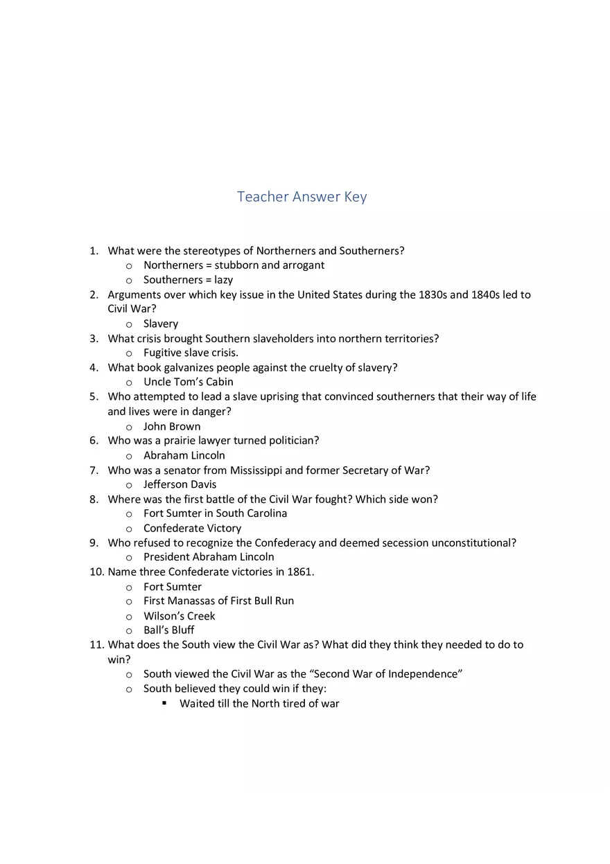 Civil War Map Questions - Answer Key - Page 1