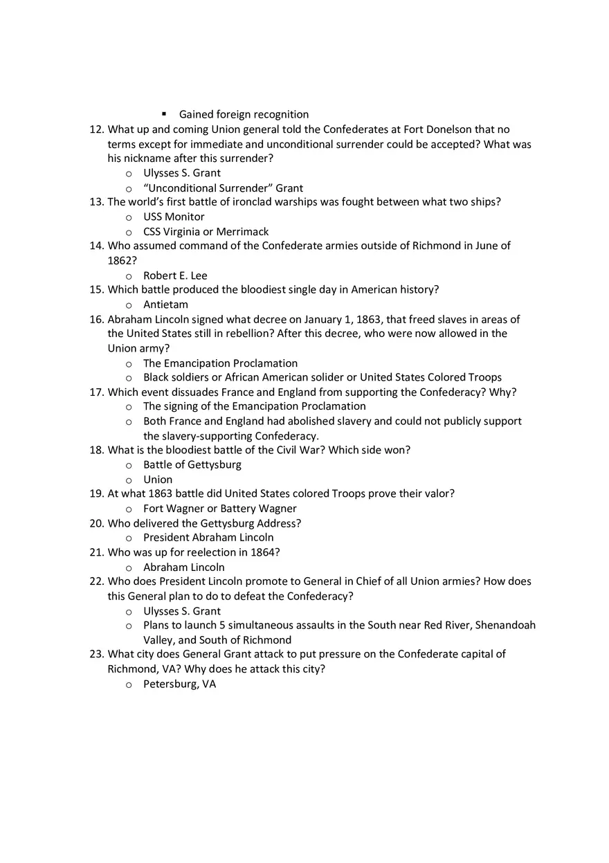 Civil War Map Questions - Answer Key - Page 2