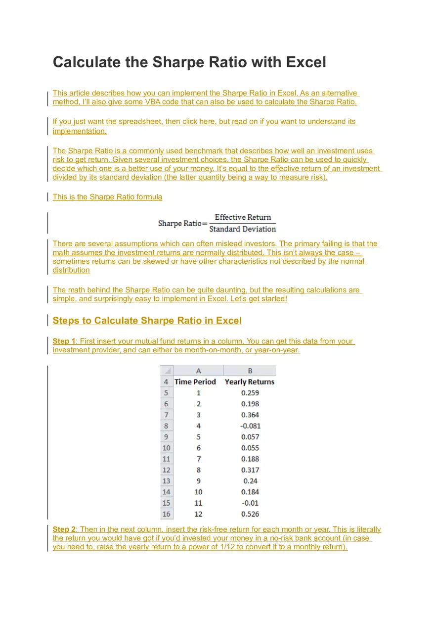 Calculation of Sharpe Ratio with Excel - Page 1
