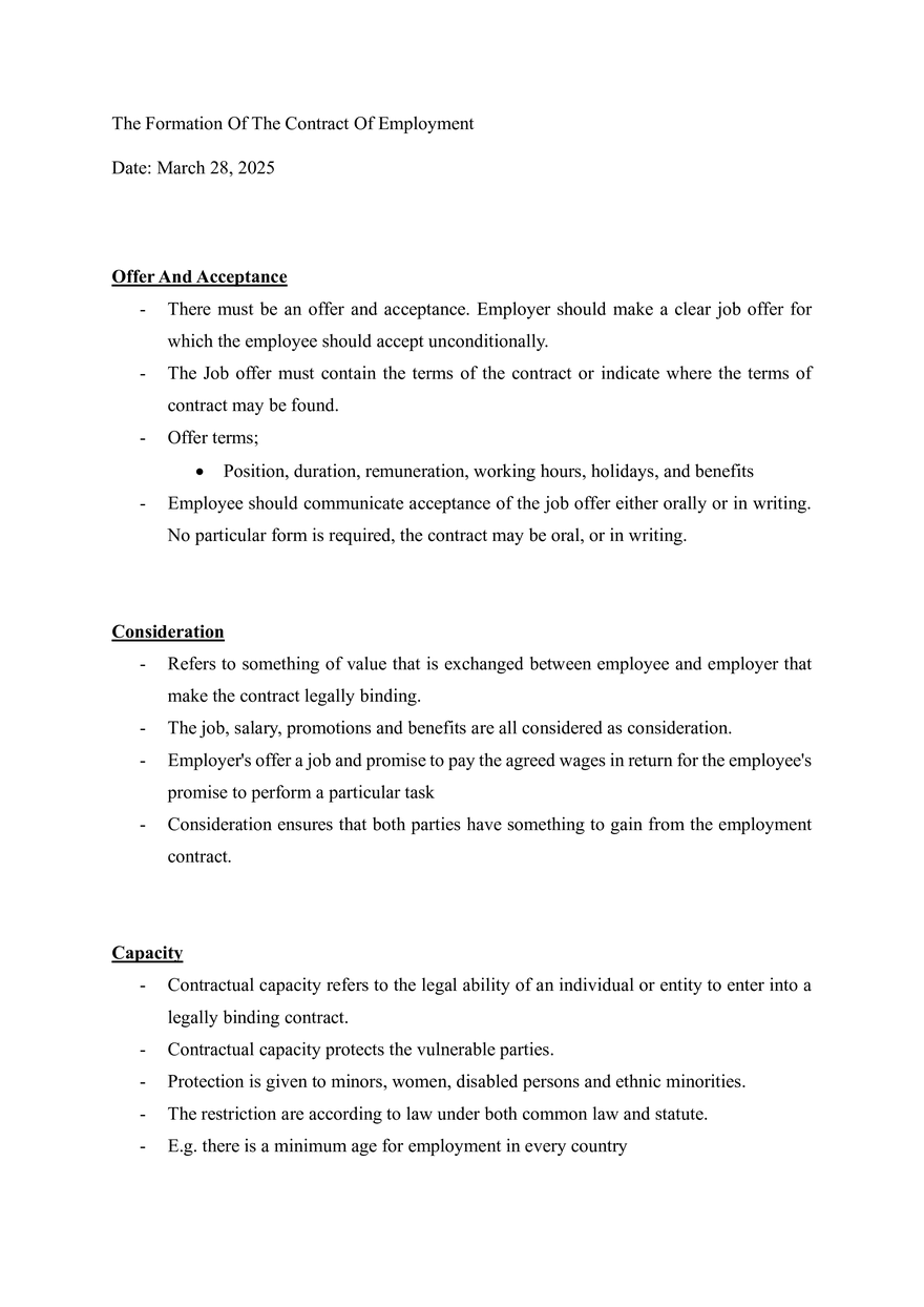 The Formation of the Contract of Employment - Page 1