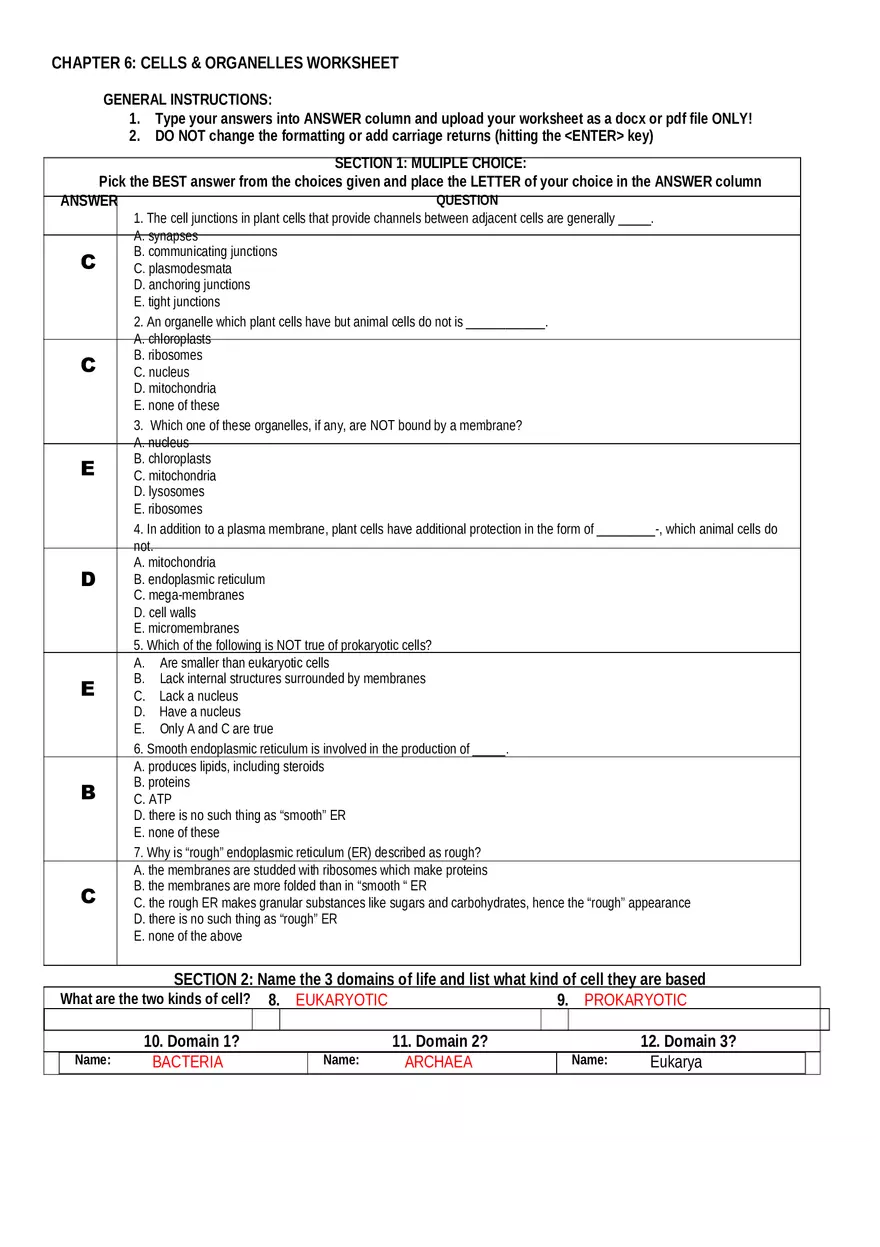 Cells & Organelles Worksheet Answers - Page 1
