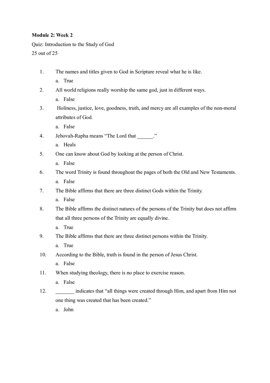 Module 2 Week 2 Quiz Introduction to the Study of God - Page 1