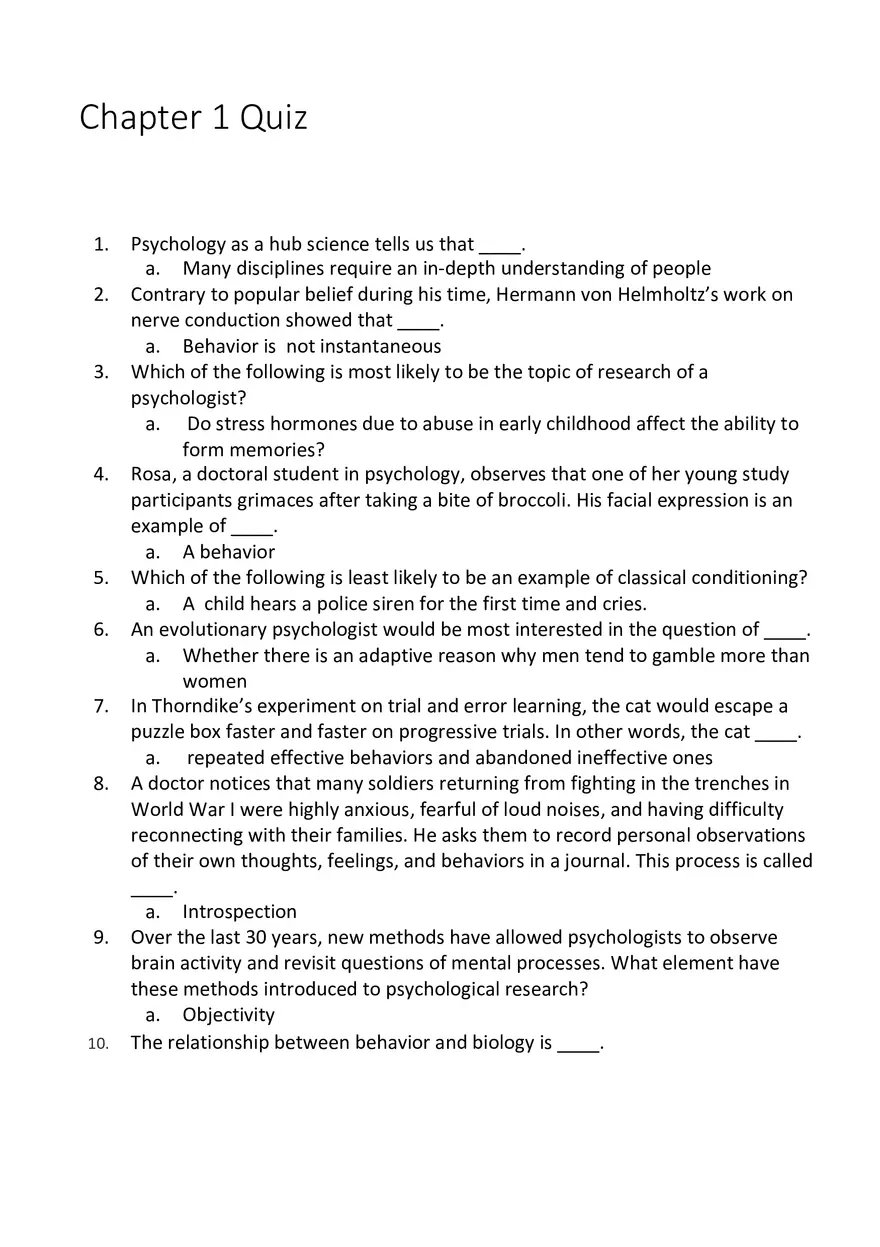Psychology Chapter 1 Quiz - Page 1