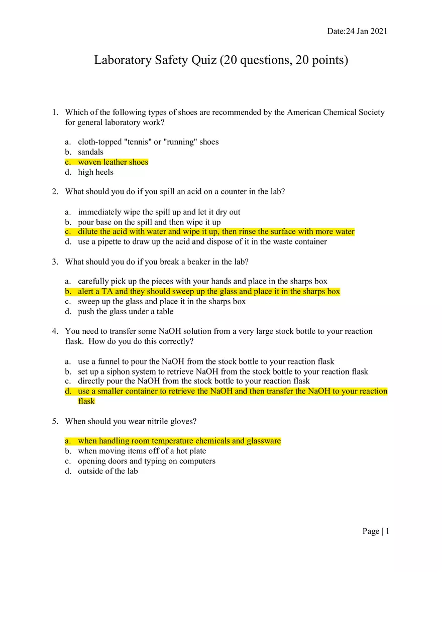 Laboratory Safety Quiz - Page 1