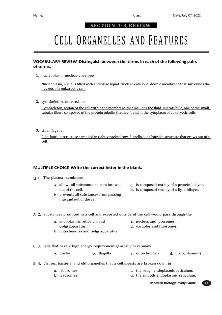 Cell Organelles and Features Section 4-3 - Page 1