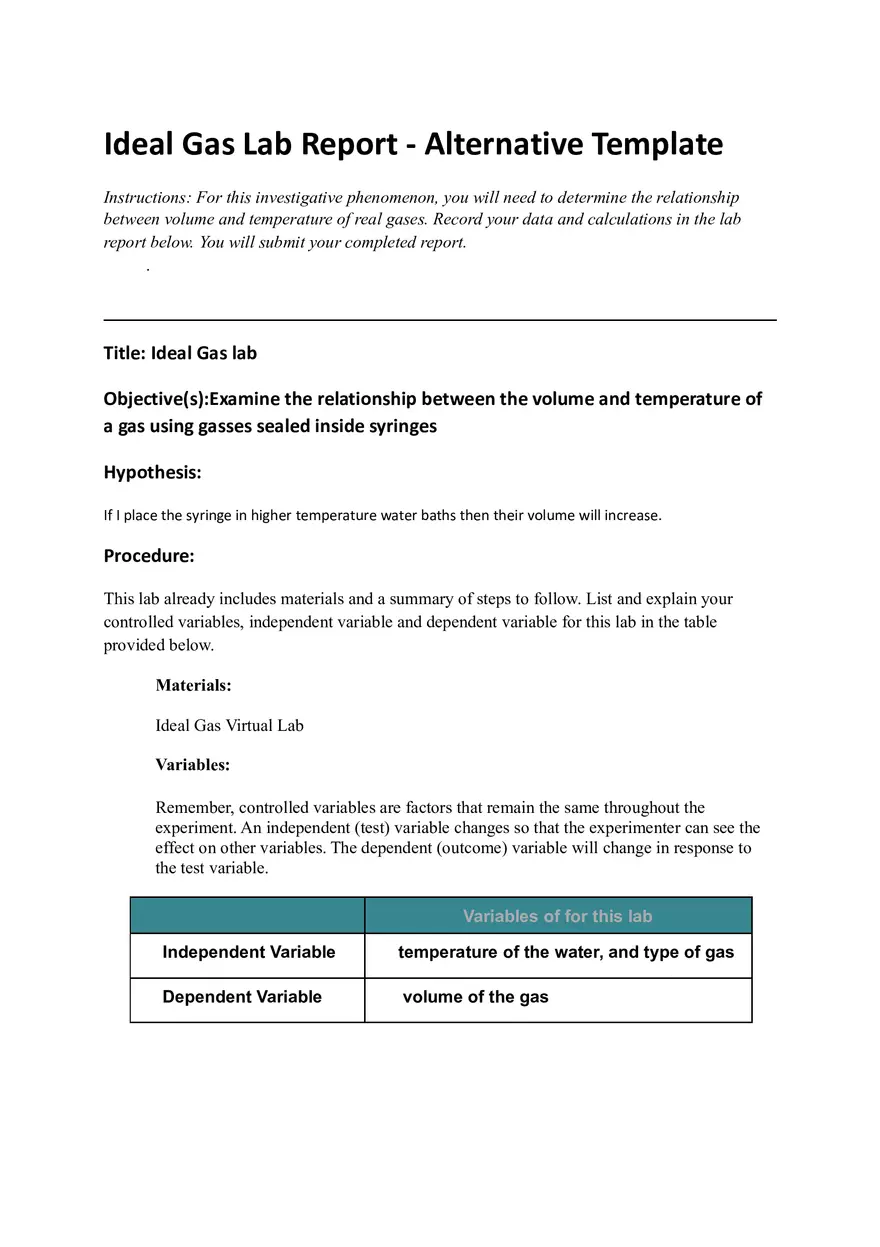 Ideal Gas Lab Report - Alternative Template - Page 1
