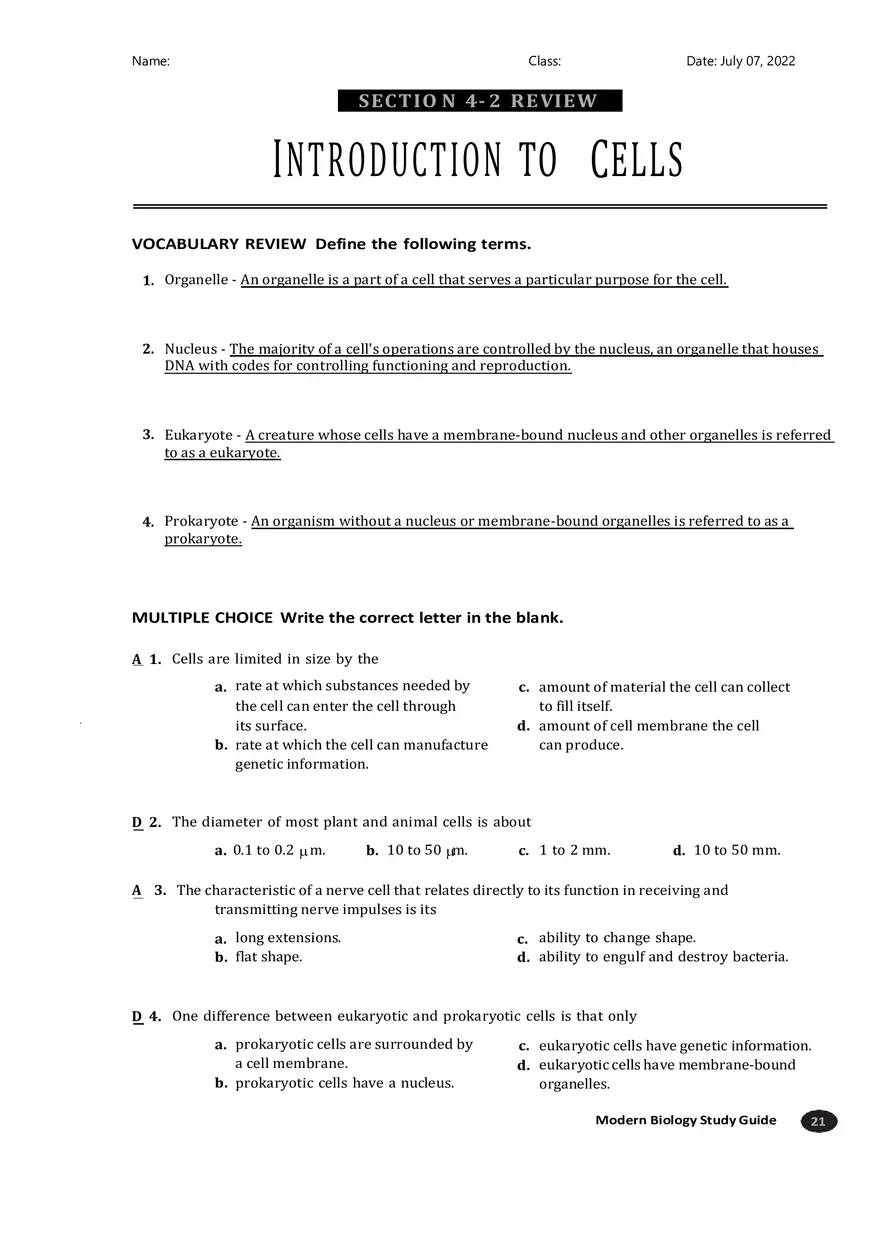 Introduction to Cells Section 4-2 - Page 1