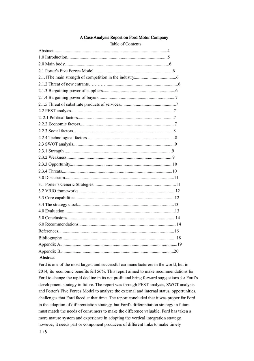 A Case Analysis Report on Ford Motor Company - Page 1