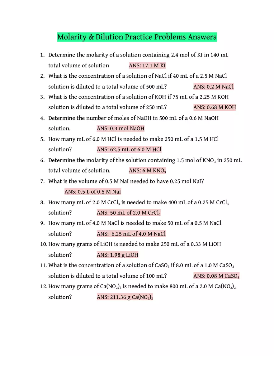 Molarity & Dilution Practice Problems Answers - Page 1
