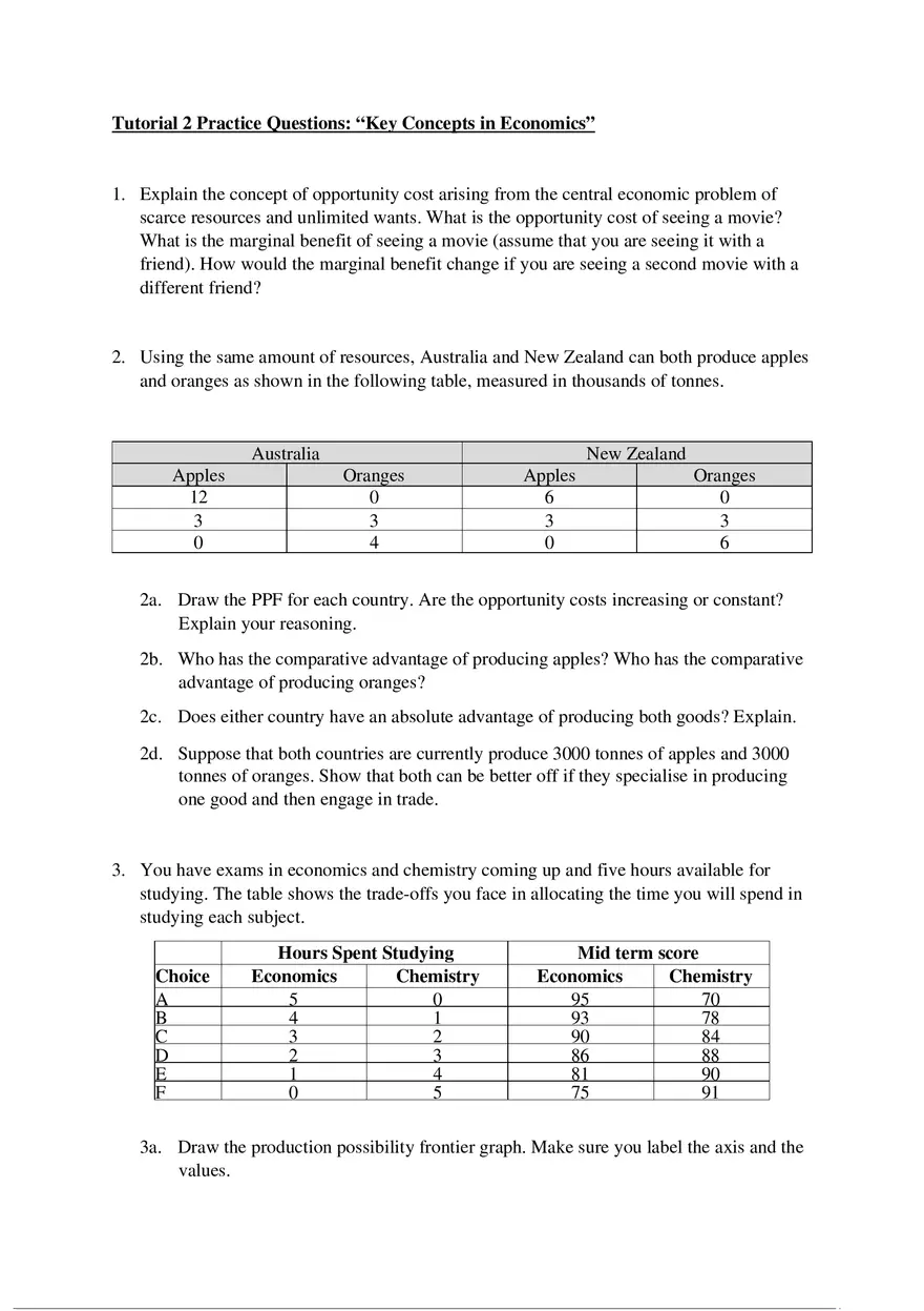 Tutorial 2 Practice Questions Key Concepts in Economics - Page 1