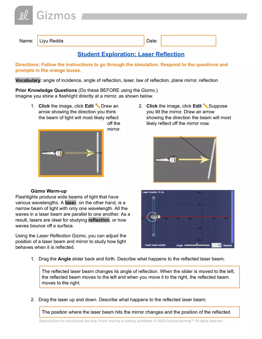 Laser Reflection - Gizmo Student Exploration - Page 1
