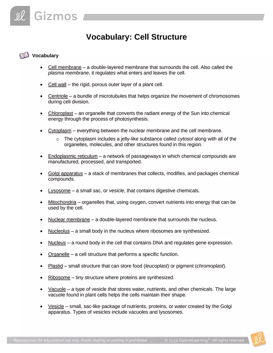 Vocabulary: Cell Structure - Page 1