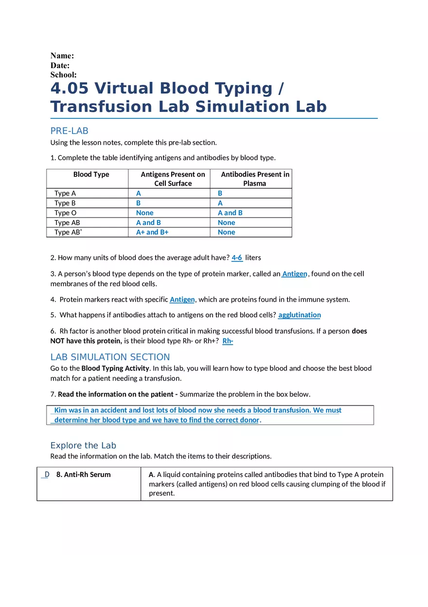 Virtual Blood Typing Transfusion Lab - Page 1