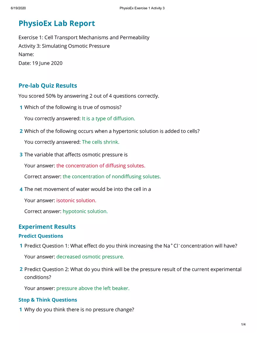 Simulating Osmotic Pressure Lab  Report - Page 1