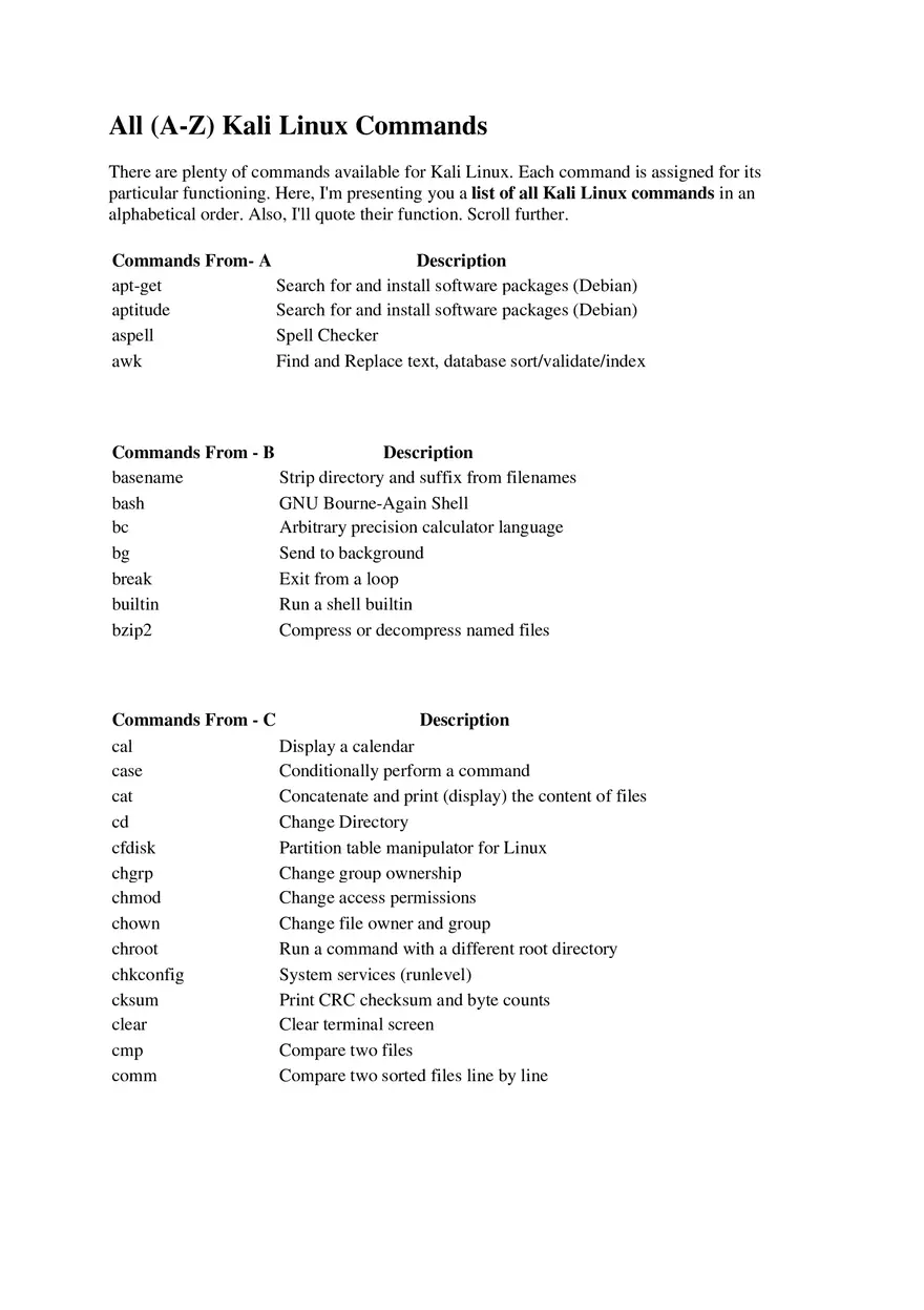 All (A-Z) Kali Linux Commands - Page 1