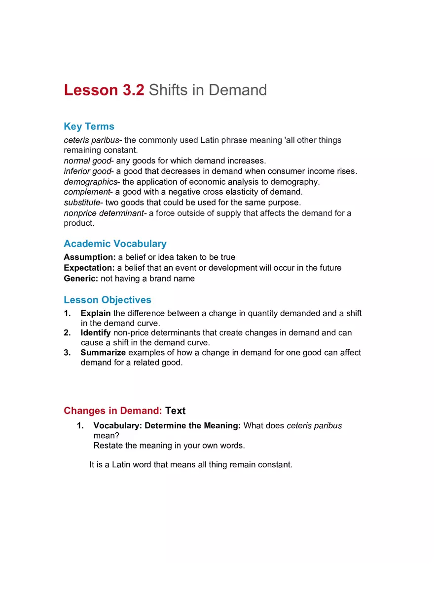 Shifts in Demand Worksheet - Page 1