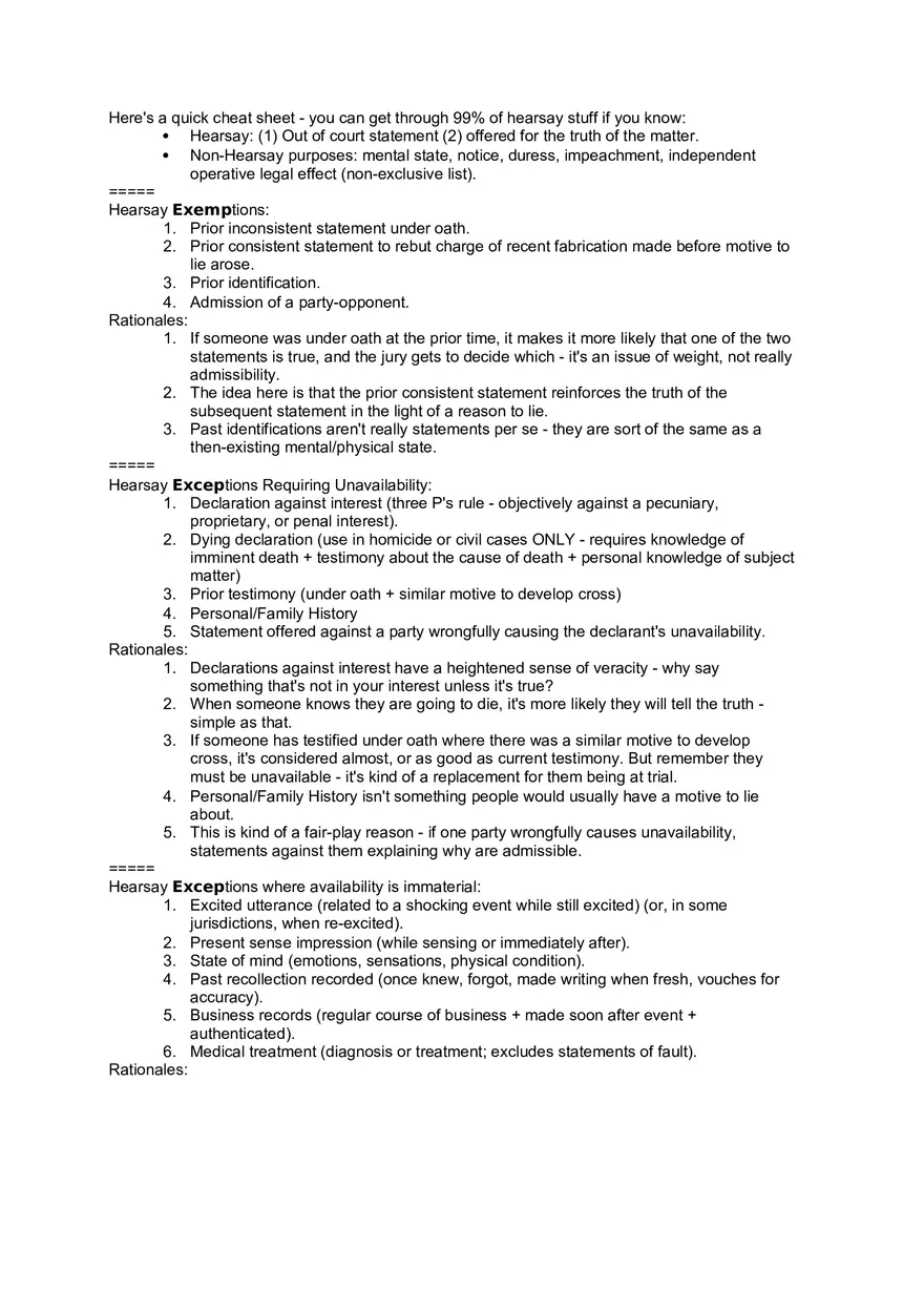 Hearsay Exceptions Cheat Sheet - Page 1