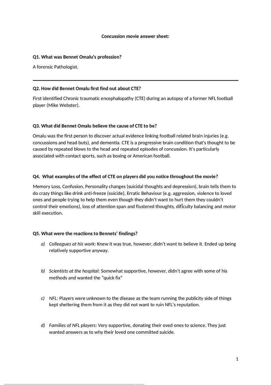 Concussion Movie Answer Sheet - Page 1
