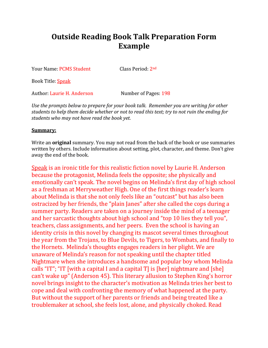 Book Talk Preparation - Example - Page 1