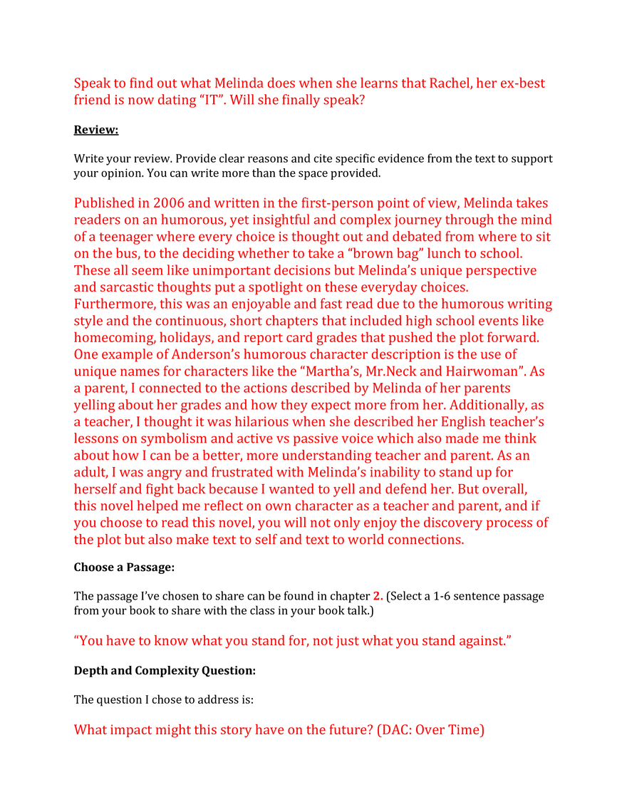 Book Talk Preparation - Example - Page 2