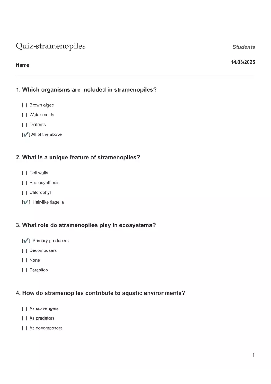 Quiz - Stramenopiles - Page 1