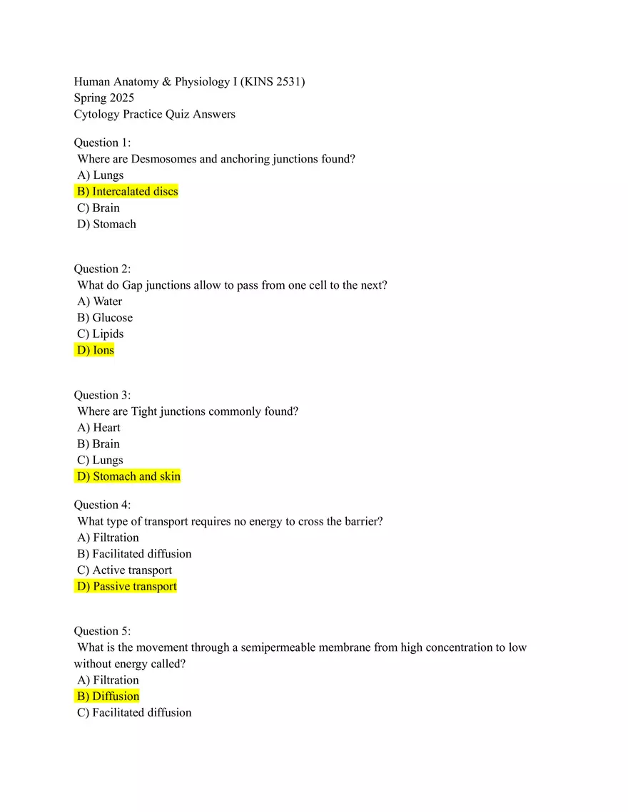 Cytology Practice Quiz Answers - Page 1