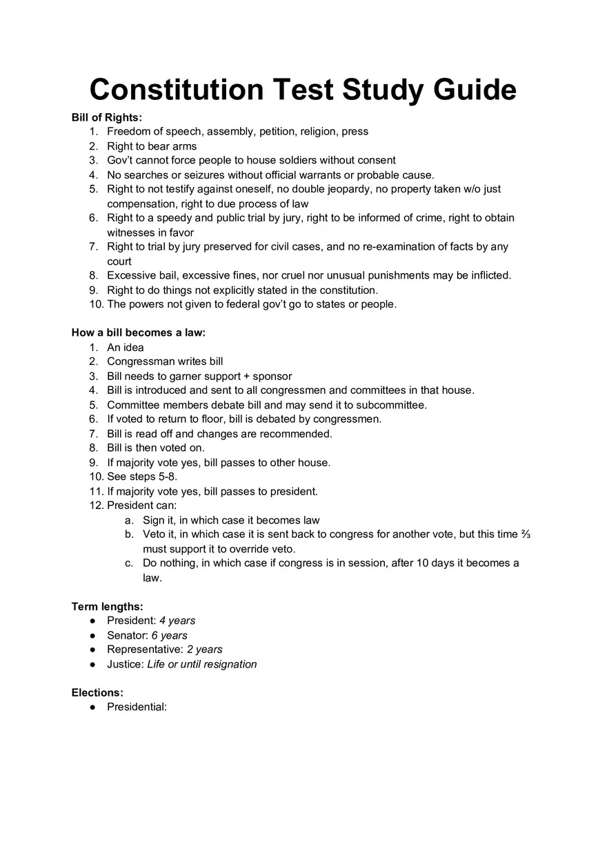US Constitution Study Guide - Page 1