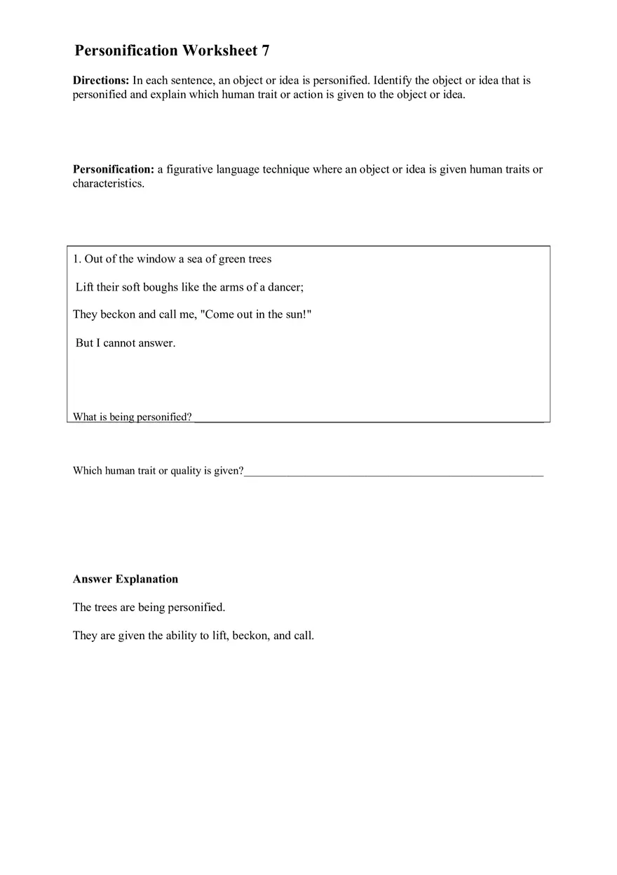 Personification Worksheet 7 - Page 1