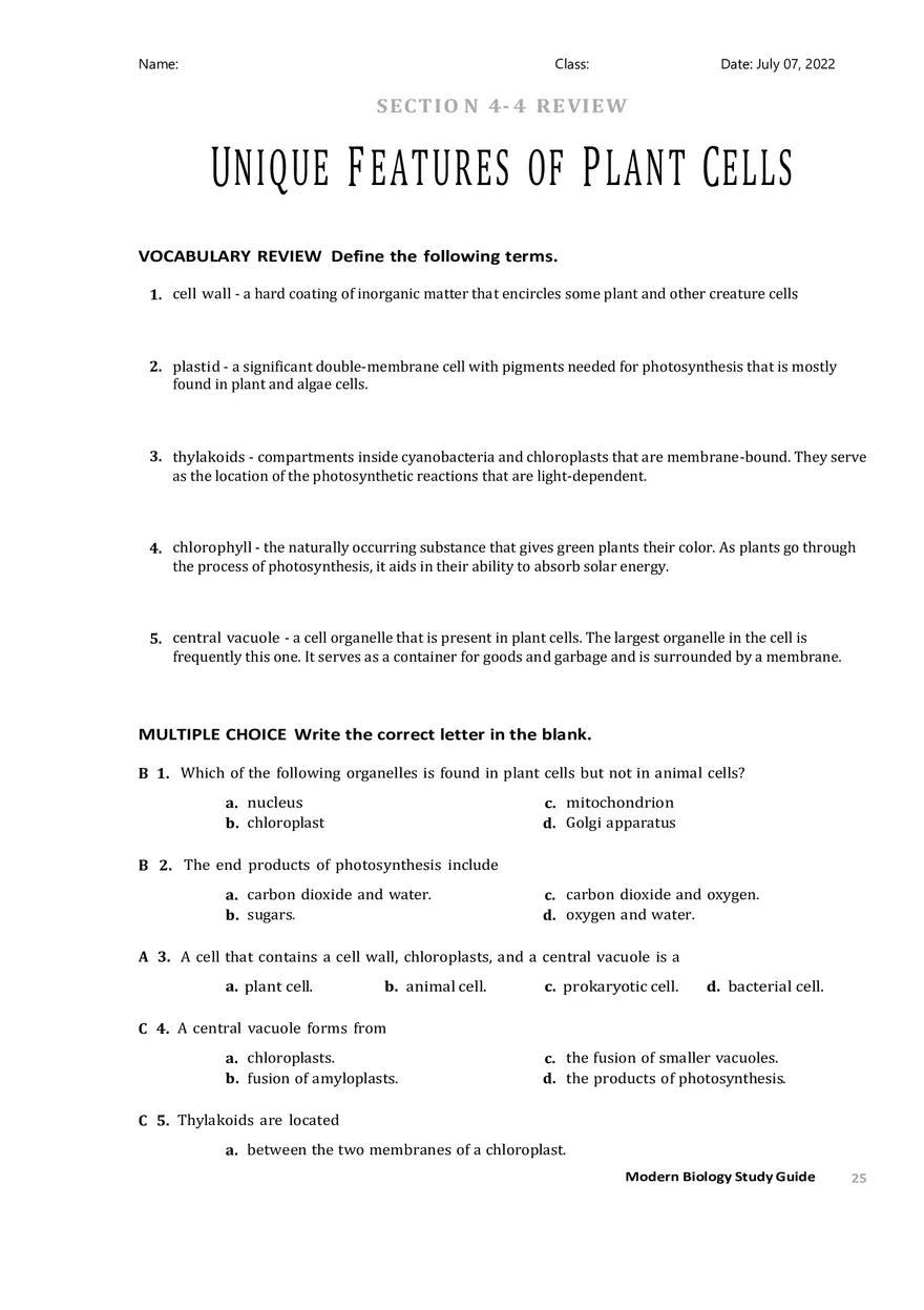 Unique Features of Plant Cells Section 4-4 - Page 1