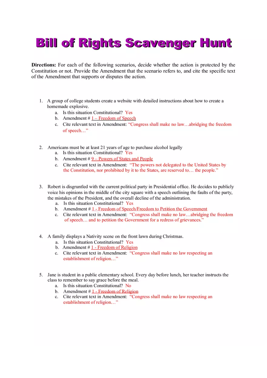 Bill of Rights Scavenger Hunt - Page 1