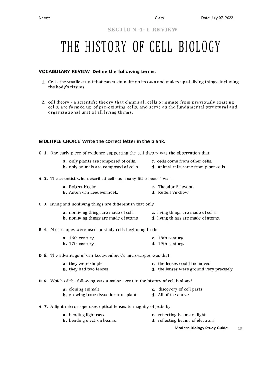 The History of Cell Biology Section 4-1 - Page 1