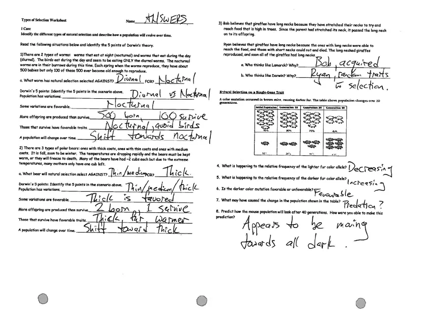 Types of Selection (Worksheet Answers) - Page 1