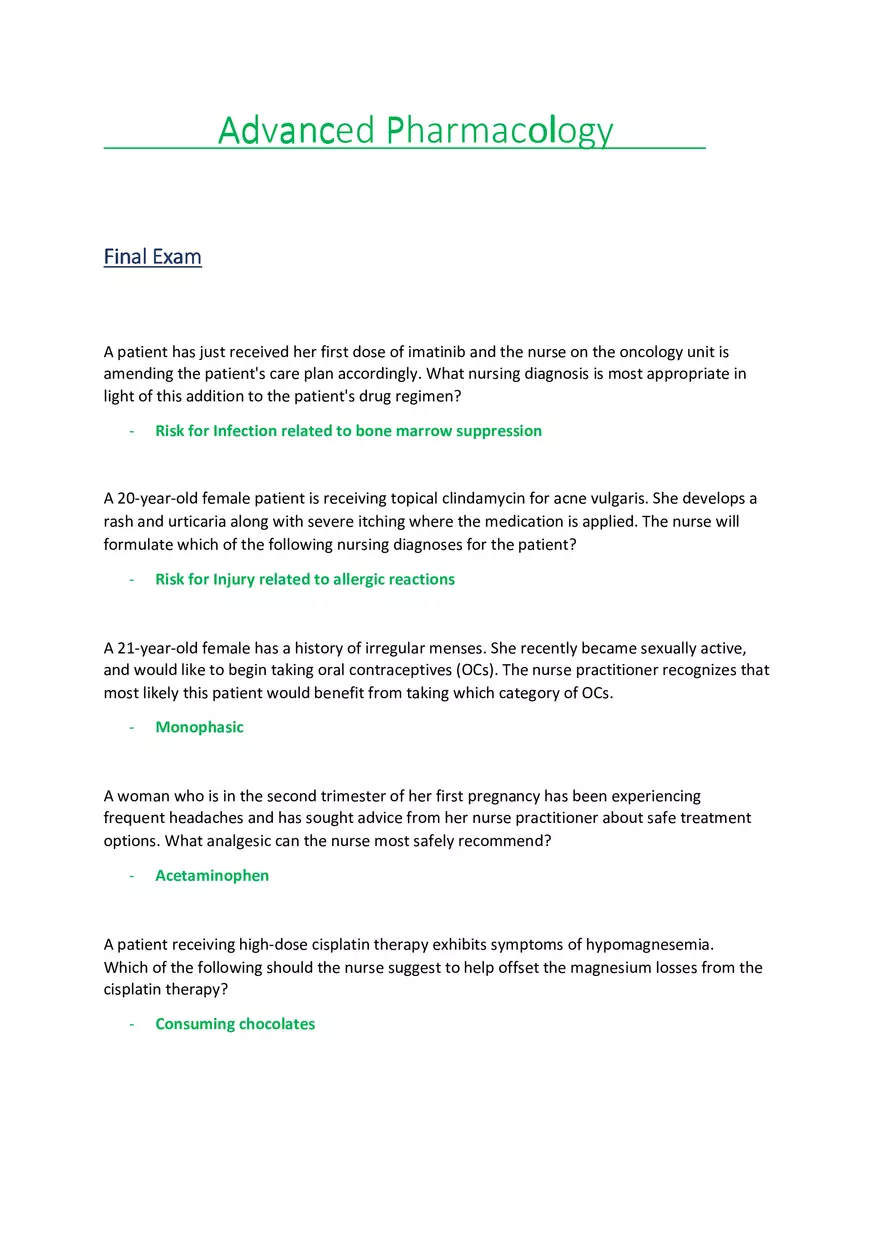 Advanced Pharmacology Final Exam - Page 1