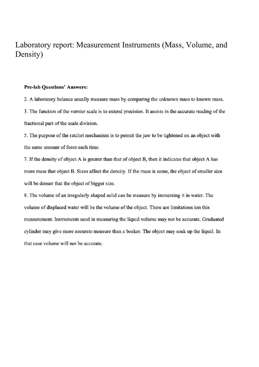 Laboratory Report Measurement Instruments (Mass, Volume, and Density) - Page 1