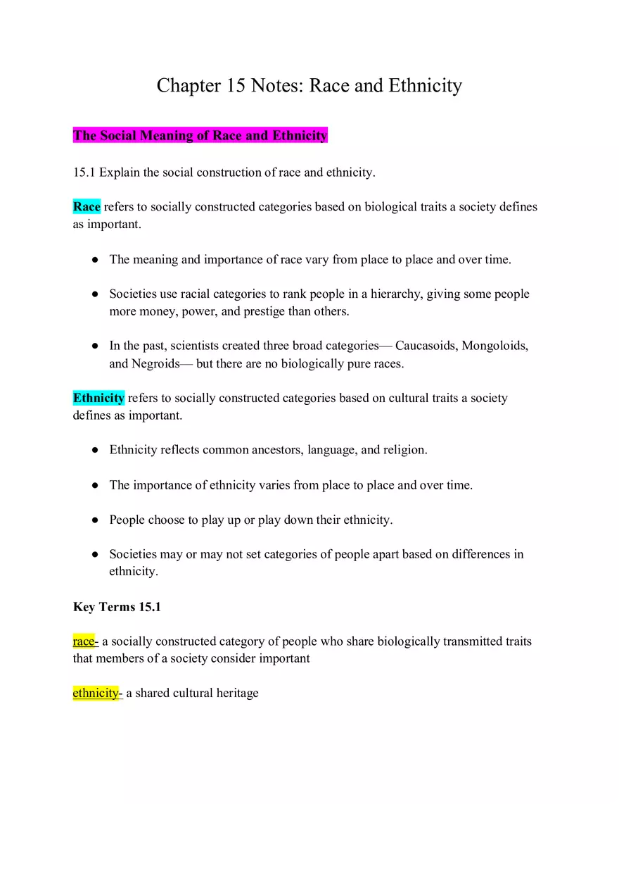 Chapter 15 Notes Race and Ethnicity - Page 1