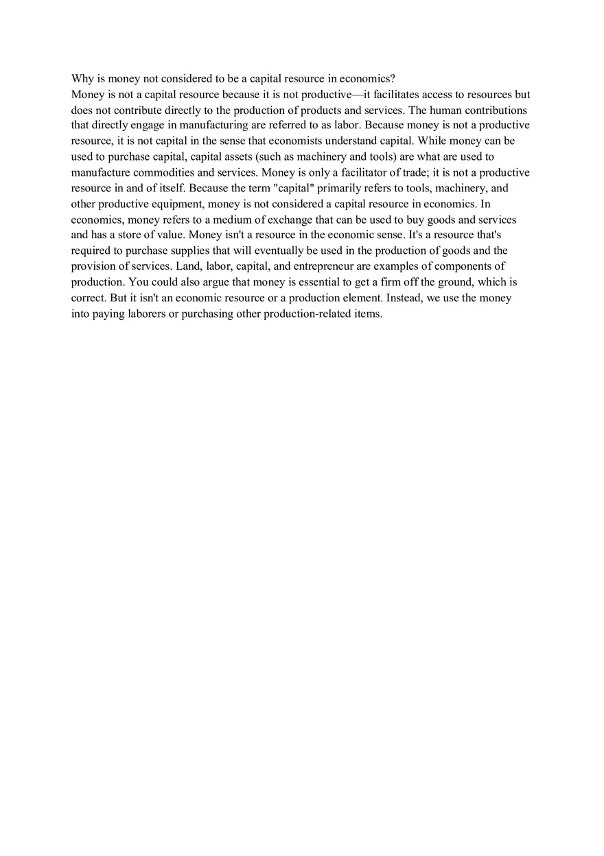 Why is Money not Considered to Be a Capital Resource in Economics - Page 1