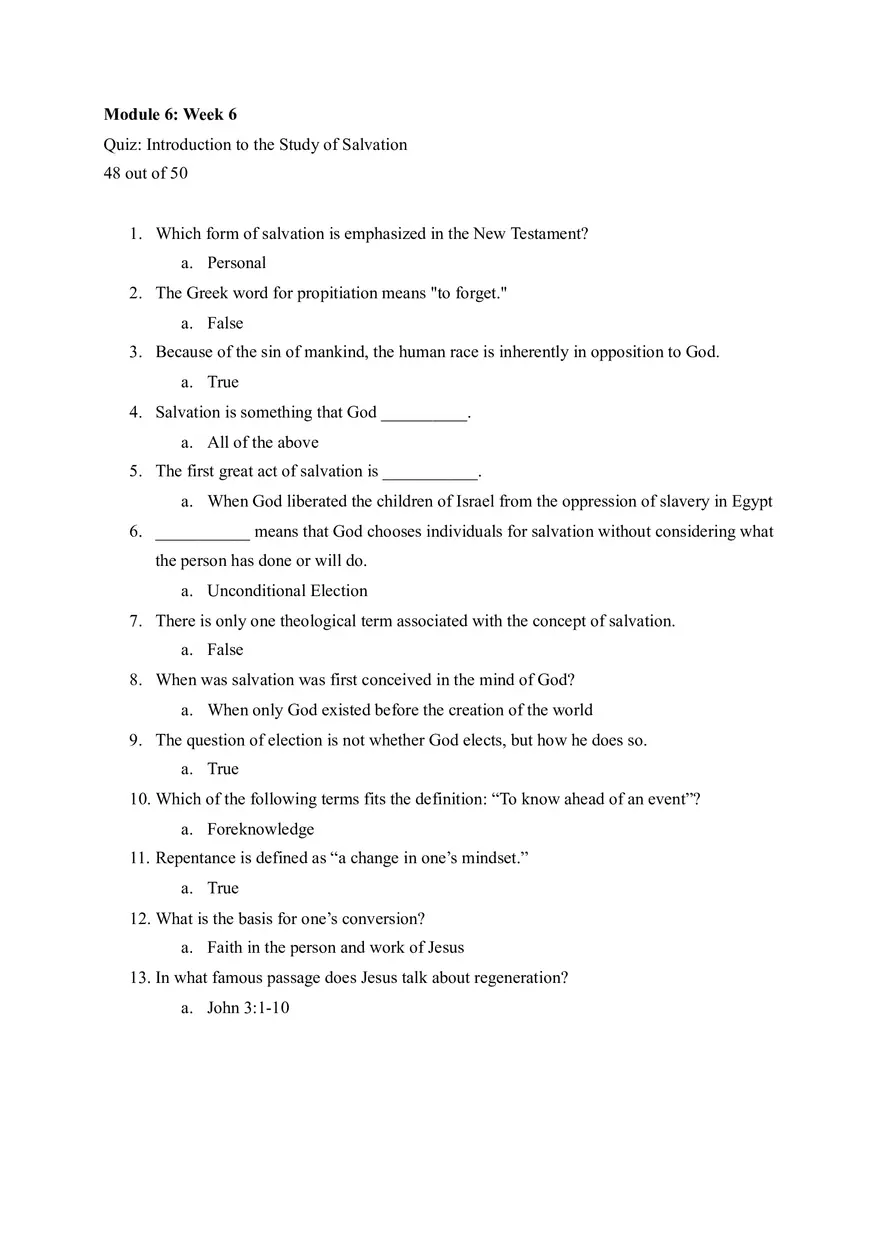 Quiz Introduction to the Study of Salvation Key - Page 1