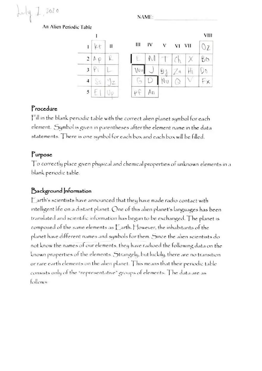 Alien Periodic Table Answer Key - Page 1