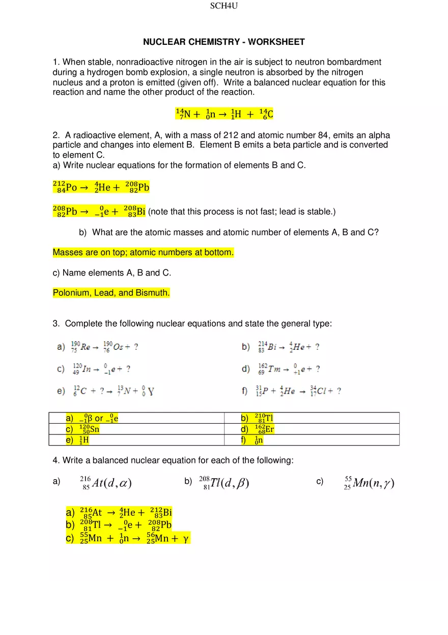 Nuclear Chemistry Worksheet Answer Key - Page 1