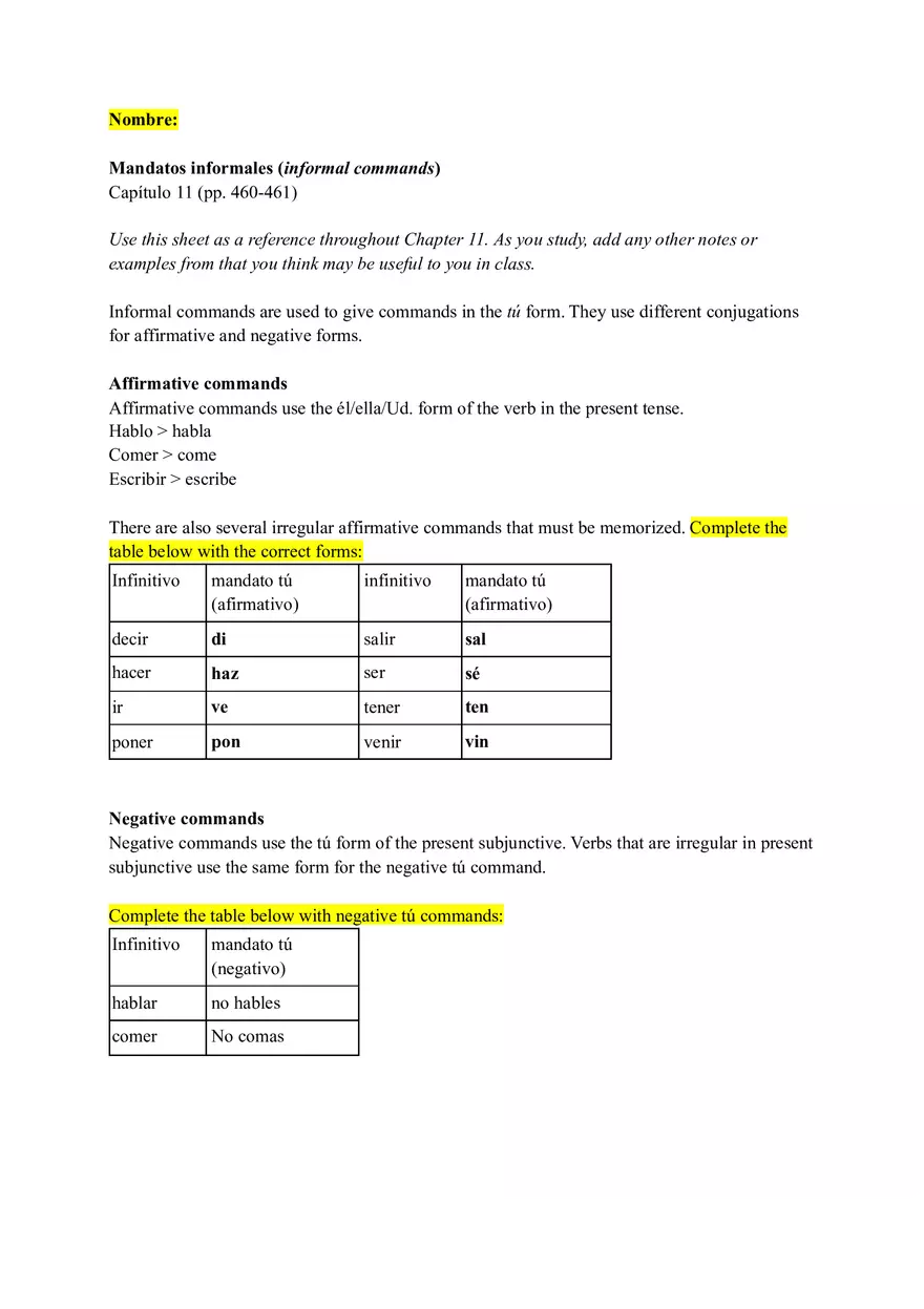 Mandatos Informales (Informal Commands) - Page 1